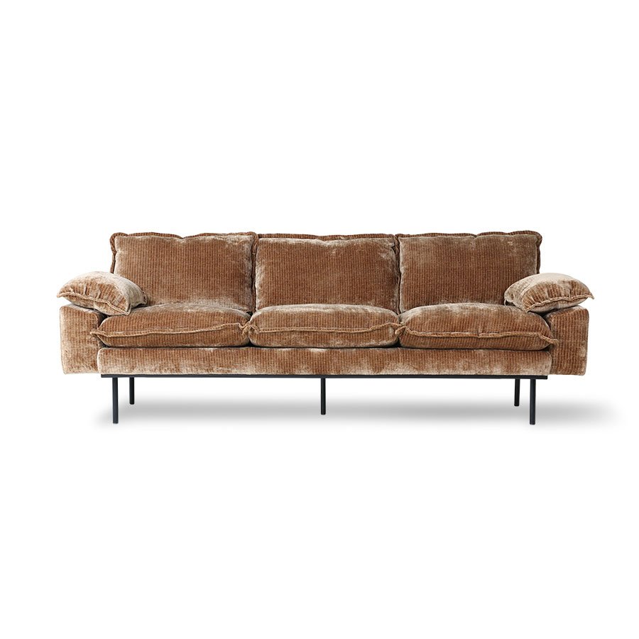 Retro sofa: 3-seats, corduroy velvet, aged gold