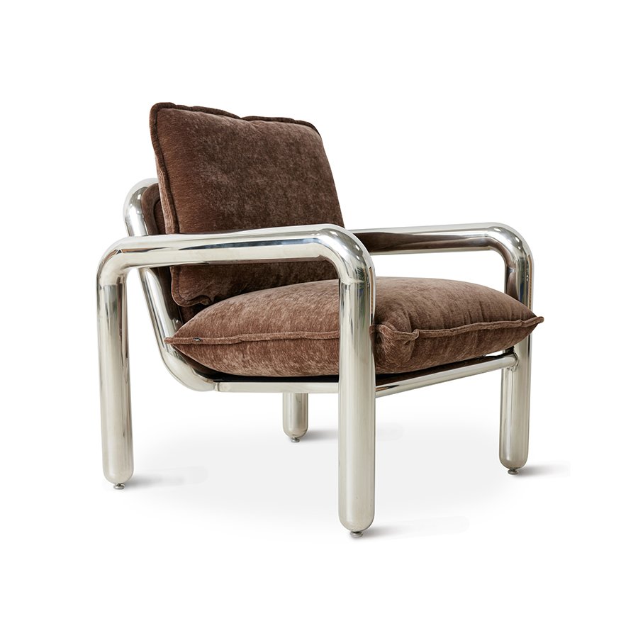 Chrome lounge armchair, velvet brown