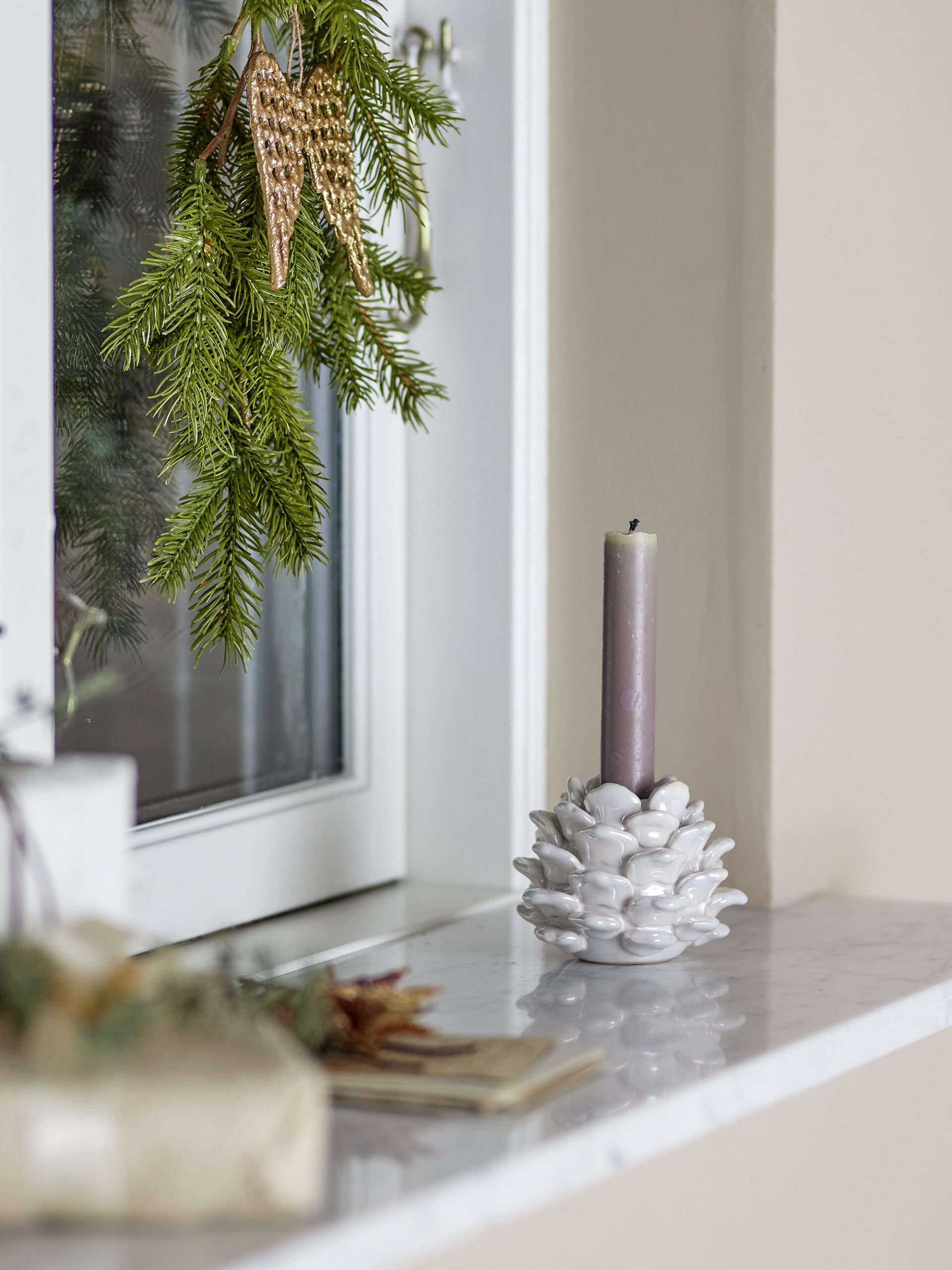 Pine Candle Holder, White, Stoneware - Image 4