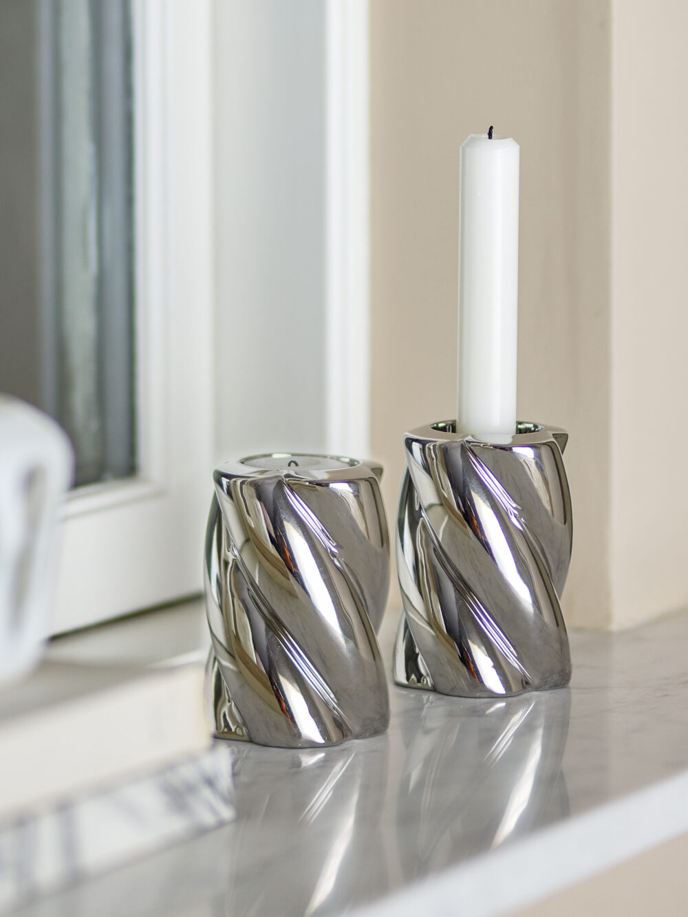 Silvia Candle Holder, Silver, Stoneware - Image 2