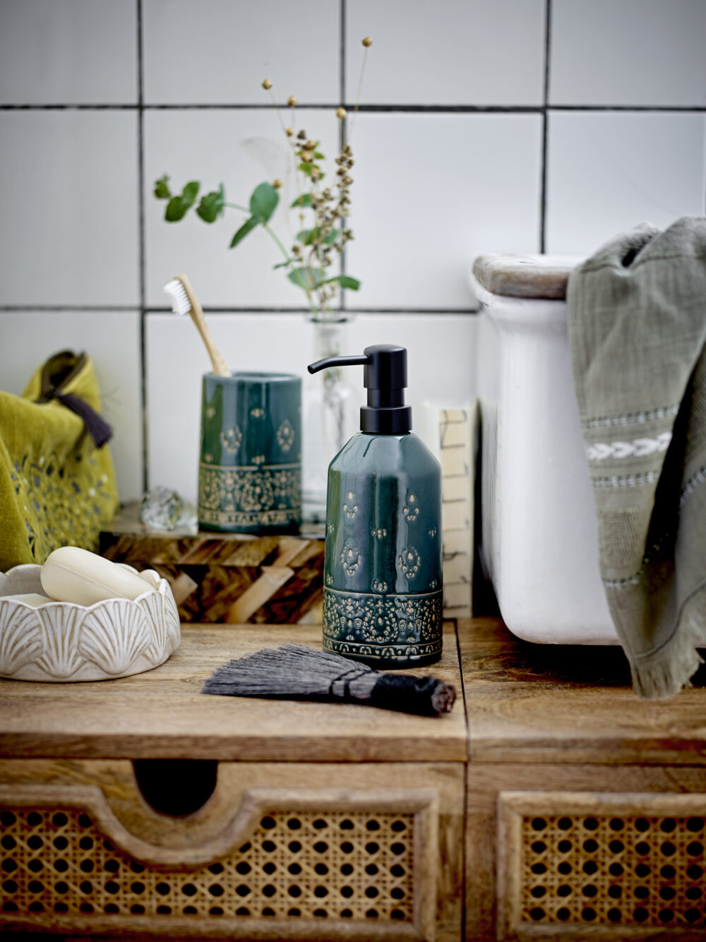 Cheran Soap Dispenser Set, Green, Stoneware - Image 2