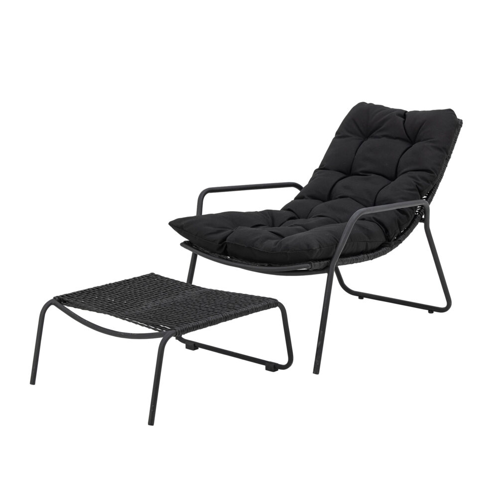 Boel Deck Chair with Stool, Black, Metal