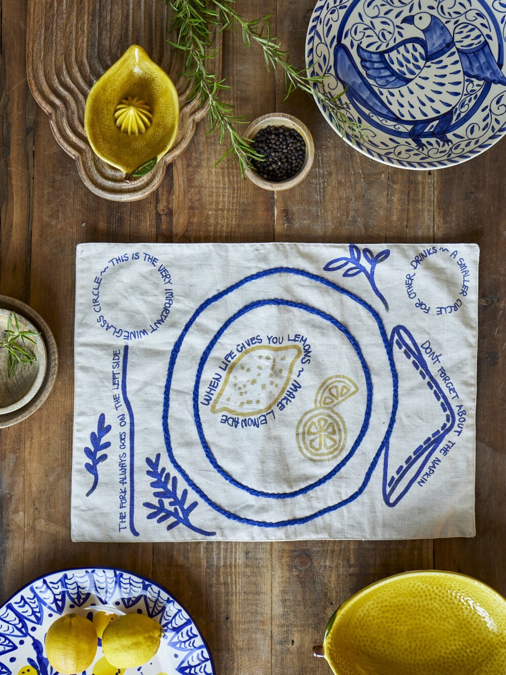 Limone Placemat, Blue, Cotton - Image 2