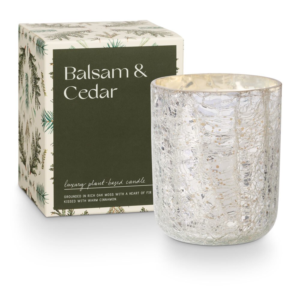Balsam & Cedar Crackle Glass Candle, Green,