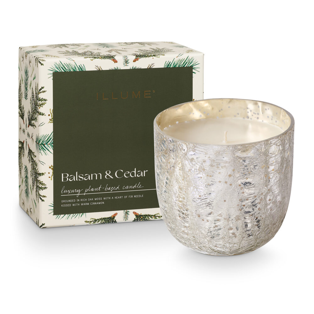 Balsam & Cedar Crackle Glass Candle, Green,